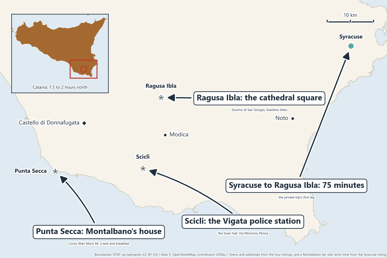 Map of southeast Sicily marking Punta Secca, Scicli, Ragusa Ibla, Castello di Donnafugata, Modica, Noto and Syracuse, with a Sicily locator inset